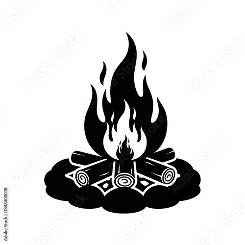 Blazing Campfire Silhouette Vector Outdoor Bonfire Icon Isolated on White Background