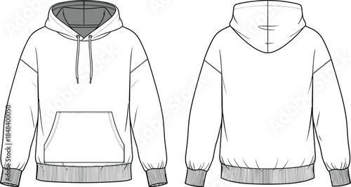 Oversized Drop Shoulder Hoodie CAD Drawing Flat Vector Illustration with Kangaroo Pocket, Drawstring Hood, and Ribbed Trim for Fashion Tech Pack