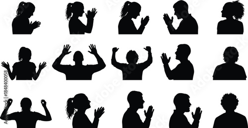 People praying silhouettes set with diverse gestures isolated on white background symbolizing faith spirituality worship meditation and belief concepts