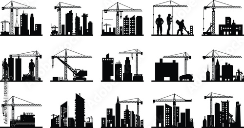Construction silhouette vector set, urban development icons, building site clipart, cranes, workers, machinery, architecture elements, civil engineering graphic pack
