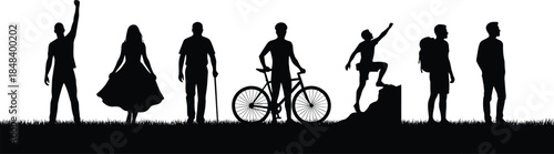 People silhouettes outdoor activities including walking cycling hiking and standing isolated on white background representing lifestyle adventure and daily life