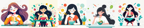 vector woman eating noodle white background flat design