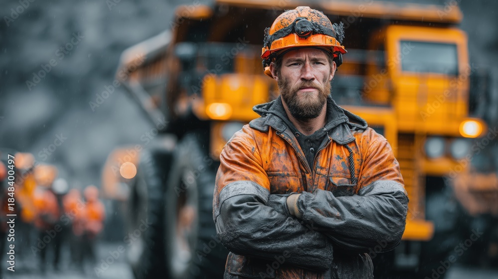 Fototapeta premium Strong Construction Worker in Orange Gear Posing with Heavy Machinery in Rainy Environment