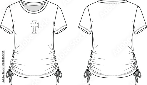 Women Side Ruched Short Sleeve Tee Shirt CAD Drawing Flat Vector Illustration with Iron Cross Graphic and Adjustable Drawstring Hem