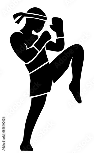 Bold black silhouette of a Muay Thai fighter in a traditional combat pose with a raised knee. Represents Thai boxing, martial arts, strength, and cultural heritage.