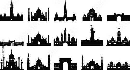 World landmark silhouette collection, famous architectural icons vector set, black monument shapes for design, global travel symbols, cultural heritage illustration