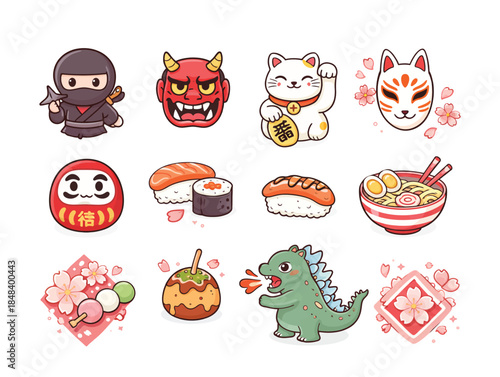 Adorable collection of traditional japanese cultural icons and delicious food items in cartoon style