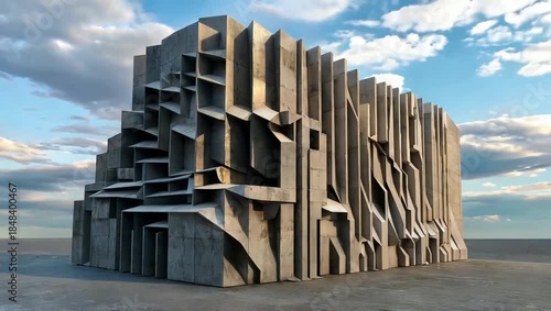 Brutalist Abstract Concrete Sculpture Massive Geometric Facade Under Moody Sky Architectural Installation Modernism Art Structure