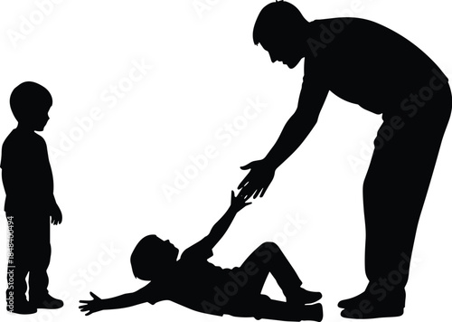 Father reaching to help fallen child while sibling stands nearby, symbolizing family support, care, parenting, love and trust on white background