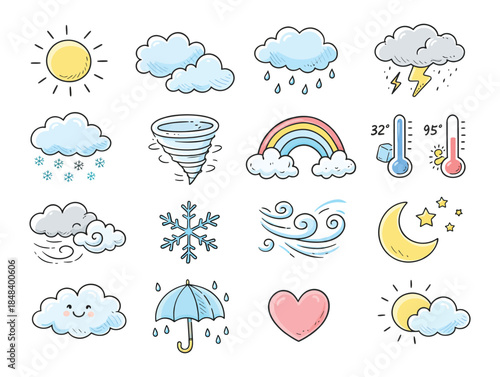Weather icons set with sun, clouds, rain, snow, and temperature symbols