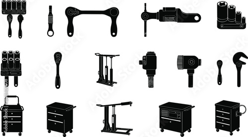 Workshop tool silhouette vector set, garage equipment icons, paintbrushes, wrenches, drills, cabinets, black illustration, DIY tools, mechanical repair elements