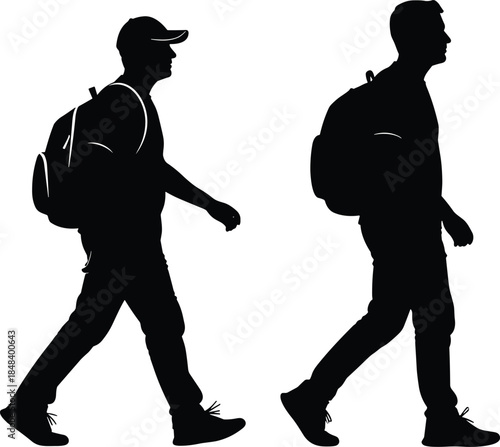 Walking men silhouettes with backpacks isolated on white background representing travel hiking commuting adventure lifestyle and outdoor journey concept