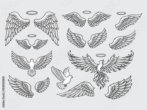 Collection of angel wings and halos in various styles and positions