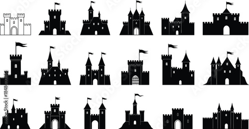 Castle icon vector set, medieval architecture, fortress silhouettes, tower designs, battlements, flags, entryways, black and white illustration, fantasy buildings