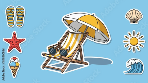 Beach chair with umbrella and sunglasses for summer vacation relaxation.