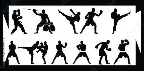 Martial arts silhouette vector set, combat poses, karate, boxing, taekwondo, judo, fighting stances, black figures, sports illustration, action movement
