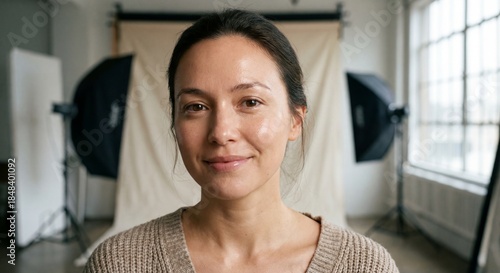 Natural Portrait of a Woman in a Studio Setting with Soft Lighting