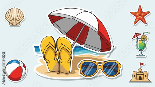 Beach Vacation Essentials Umbrella Flip Flops Sunglasses and Sandcastle.