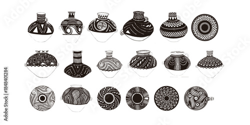 Primitive Tribal Pottery and Plate Patterns, Ancient Community Vector Art