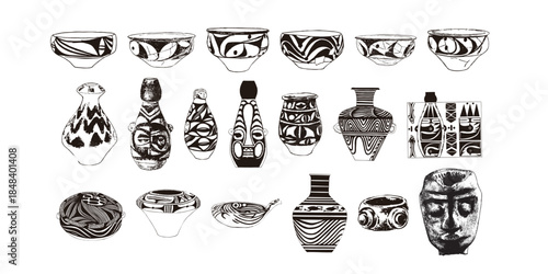 Primitive Tribal Pottery and Plate Patterns, Ancient Community Vector Art