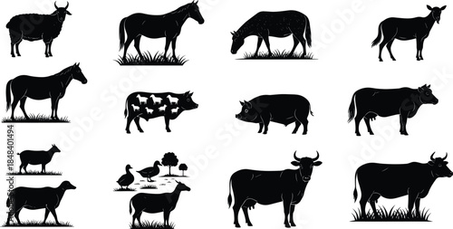 Farm animal silhouette vector set, livestock clipart, rural icons, cow, horse, pig, goat, duck, dog, sheep, donkey graphics