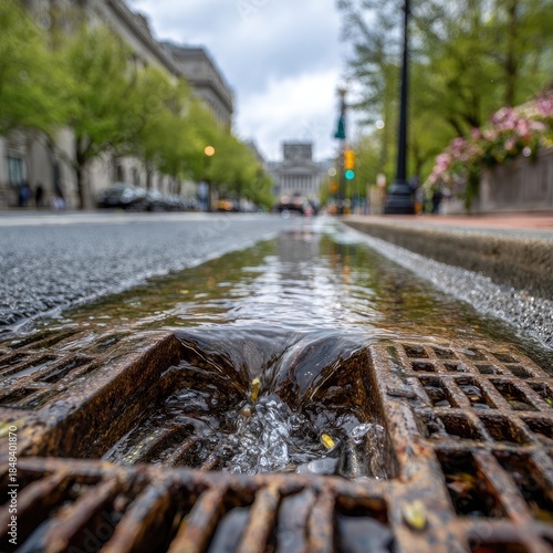 Close-up of city street gutter overflowing with rainwater