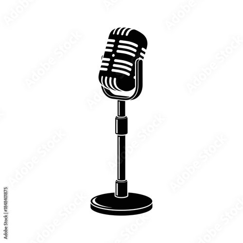 Retro Microphone Silhouette Stand Style Black Vector Music Icon on White Background for Audio