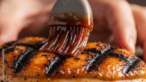 Close-up of a chef basting a grilled chicken breast with a savory sauce.