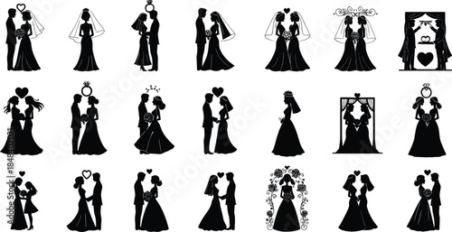 Wedding couple and romantic scene silhouettes, ceremony, love, hearts, flowers, black vector icons for marriage, celebration, bride, groom, romance, decor