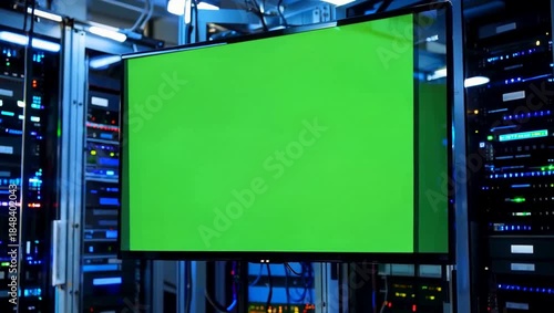 Server room large green screen monitor data center technology IT infrastructure network hardware rack servers blank display chroma key facility computing big data