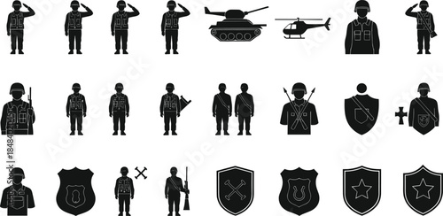 Military silhouettes, soldiers, vehicles, shields, black vector icons for army, defense, combat, protection, warfare, tactical design, security, service