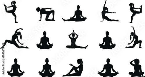 Yoga pose silhouettes, standing, seated, stretching positions, black vector icons for fitness, meditation, flexibility, wellness, balance, exercise, body awareness