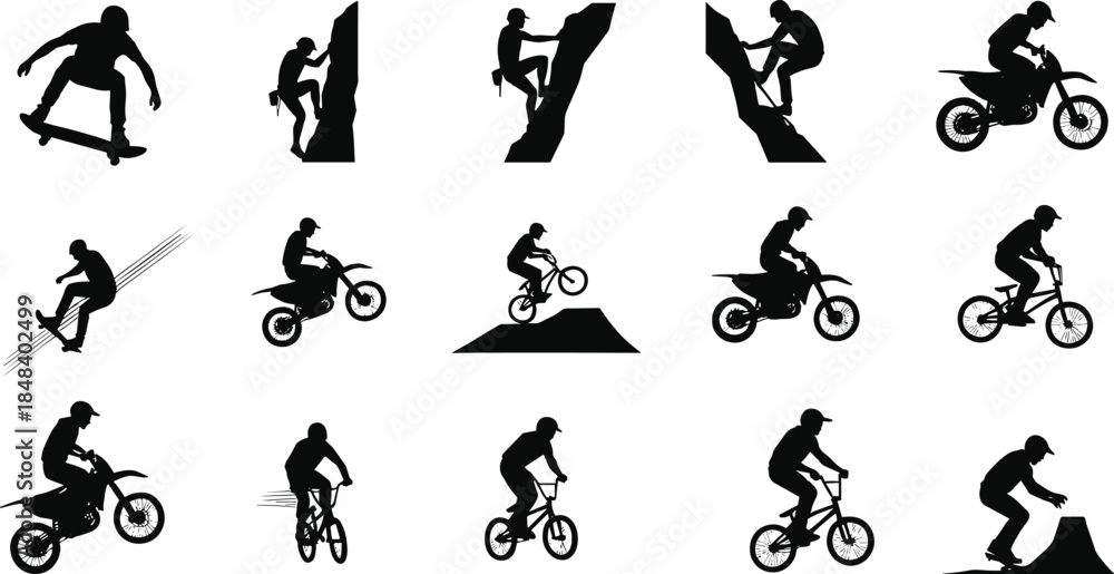 Obraz premium Extreme sports silhouettes, skateboarding, BMX, motocross, snowboarding, rock climbing, black vector icons for adventure, outdoor activity, fitness, action, sport design