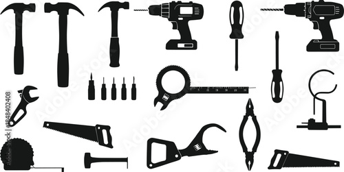 Hand and power tool silhouettes, hammers, drills, screwdrivers, saws, black vector icons for construction, DIY, mechanical work, repair, workshop design
