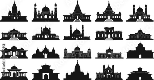 Architectural landmark silhouettes, domes, spires, arches, cultural buildings, black vector icons for global architecture, religious design, heritage, tourism, history, illustration