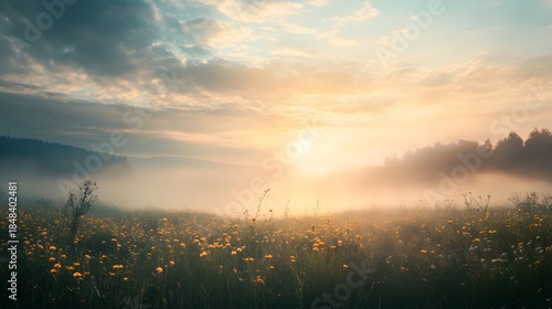 A misty sunrise over a field of wildflowers, with the sun shining through the clouds.