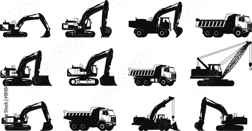 Construction vehicle silhouettes, excavators, dump trucks, cranes, black vector icons for heavy machinery, building equipment, industrial transport, engineering, site work, tools