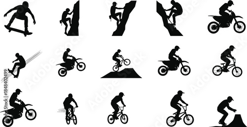 Extreme sports silhouettes, skateboarding, BMX, motocross, snowboarding, rock climbing, black vector icons for adventure, outdoor activity, fitness, action, sport design