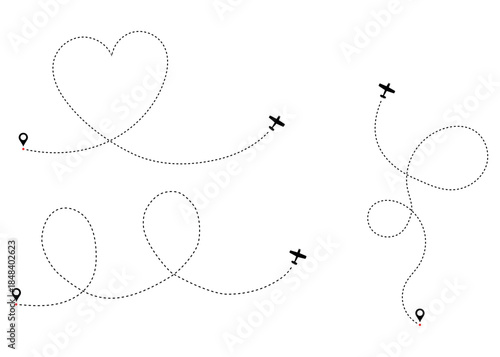 Creative vector illustration of various dotted airplane travel routes showing journeys with start location pins and aircraft symbols representing global destinations and exploration
