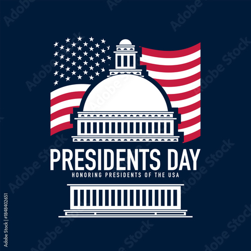 Presidents Day Logo Design with USA Flag and White House Illustration.