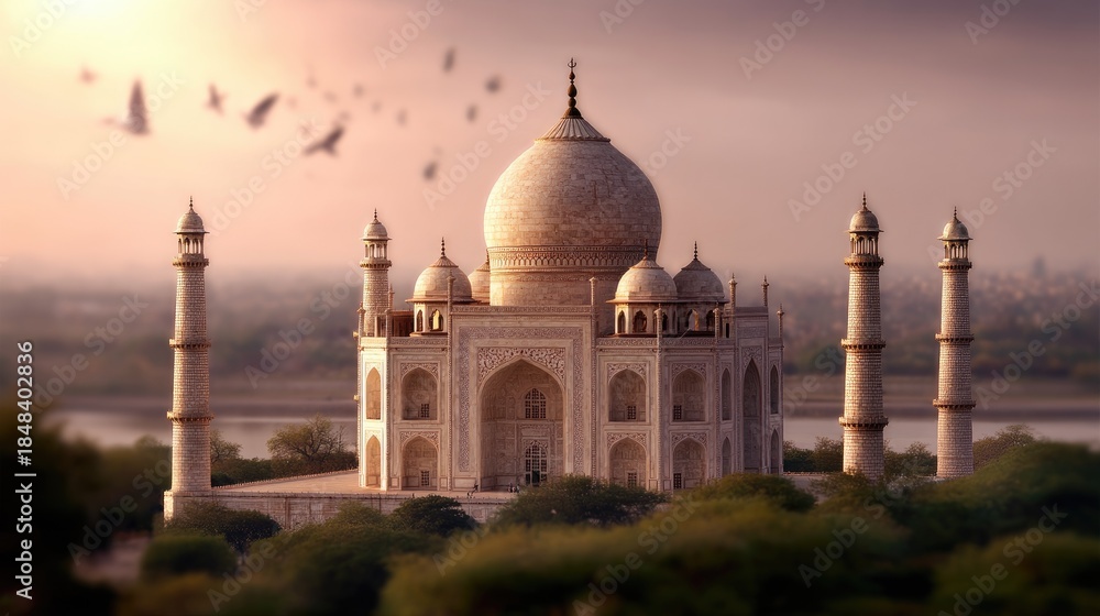 Fototapeta premium Majestic Taj Mahal Reflection at Sunrise Surrounded by Scenic Landscapes and Birds in Flight