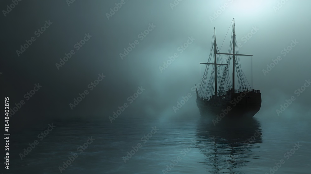 Obraz premium A mysterious sailing ship in the fog.