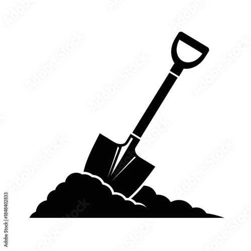 Digging Shovel Silhouette Vector Icon, Construction Spade Tool Symbol for Gardening and Work Design