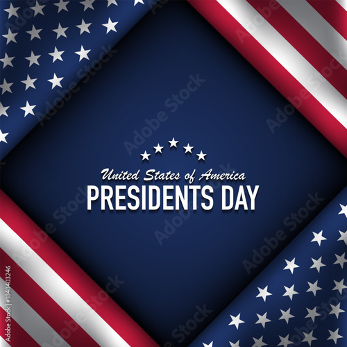 Presidents Day Greeting Card Design with USA Flag on Blue Background.