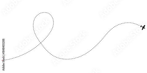 Minimalist airplane icon tracing an elaborate dashed flight path from a tiny red starting point representing a captivating travel journey concept illustration