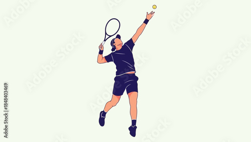 Tennis player serving a ball in mid-air with a racket, isolated on a light background