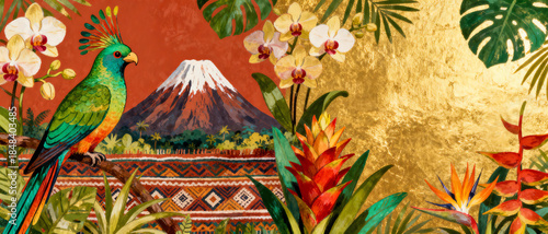 Vibrant tropical paradise scene showcasing a colorful parrot, a snow-capped mountain, and exotic flora