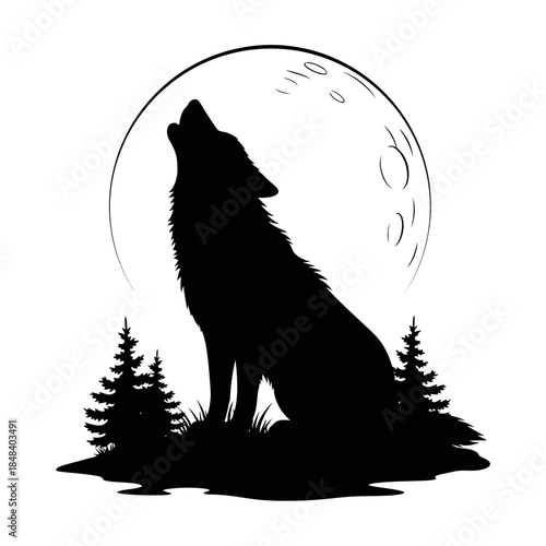 Howling Wolf Silhouette Vector Illustration Isolated on White Background for Wild Nature and Animal Wildlife Design