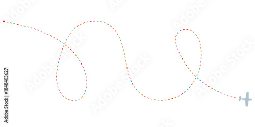 Minimalist airplane illustration depicting a colorful winding dashed flight path from a red starting point symbolizing a journey route or travel adventure