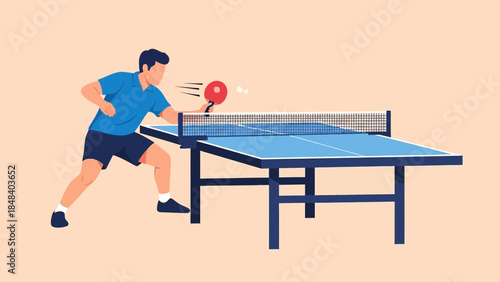 Man playing ping pong, striking a red ball over the net on a blue table tennis table.